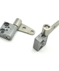 Front view of 2-piece metal damping hinge set with mounting arms and screw holes; silver finish, Amazon brand.