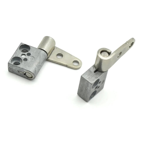 Front view of 2-piece metal damping hinge set with mounting arms and screw holes; silver finish, Amazon brand.