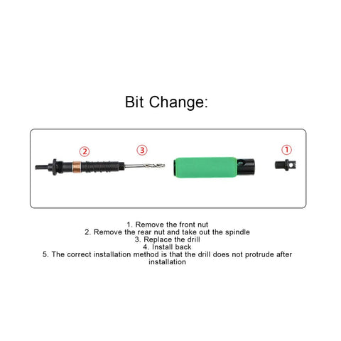 Blind Rivet Removal Tool Kit For 1/4 Inch Drills, Built For Fast, No Hassle Rivet Popper Action, Universal Compatibility With Pneumatic Or Electric, Includes Guide And Five High Speed Threaded Bits That Precisely Fit 1/8 Inch Rivets., bit change guide with drill, adapter, and threaded bit