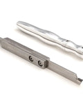 Premium Brazed Carbide Parting And Grooving Tool For Wood Turning Lathe With Rock Solid Eight Inch Aluminum Handle Tough As Nails Grip Designed To Nail Every Cut Made In Usa, close-up view of the tool and handle.