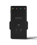Rock Solid 4 Outlet Surge Protector With 350 Degree Rotating Plug For TV And Fridge Led Indicator Lights Hella Compact Space Saving Power Strip 15 Amp 120 Volt Black Overload Safe front view with indicator lights
