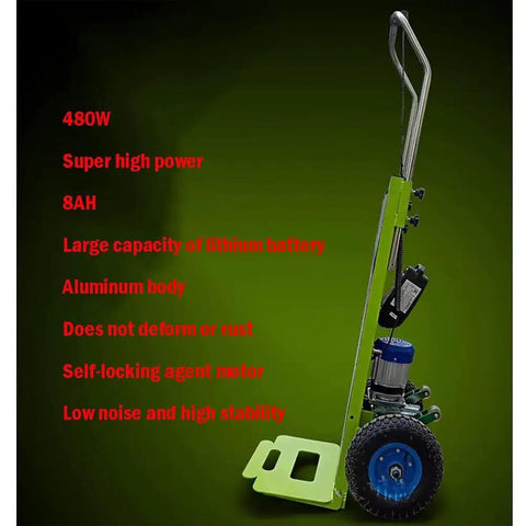 1200W Heavy Duty Electric Stair Climber Hand Truck With Folding Sack Design And Retractable Handle For Effortless Curved And Straight Stair Transport Up To 440 Pound Load Capacity side view with motor and large wheels.