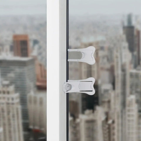 Close-up of Six Pack Childproof Window And Cabinet Safety Locks With Keyless Design For Home Use White ABS Construction Easy Install