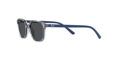 Junior Kids Square Sunglasses With Transparent Blue Frame And Green Mirrored Lenses, XX-Small Narrow Face Fit, side view.
