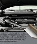 Reinforced Exhaust Heat Shield Mat 24x24 With Adhesive Backing installed under car hood, showing engine protection and insulation features.