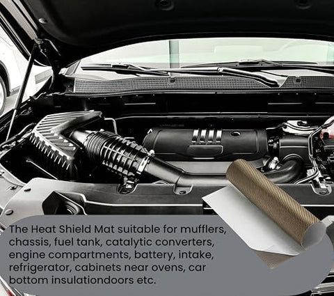Reinforced Exhaust Heat Shield Mat 24x24 With Adhesive Backing installed under car hood, showing engine protection and insulation features.