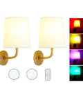 Cordless Battery Operated RGB Wall Sconce Lights With Remote Rustic Vintage Black Sconces Flared Linen Shade Dimmable Nightstand Lamps