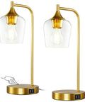 Gold Industrial Table Lamps Set of 2 With USB Charging Ports, Dimmable Touch Control, E26 Bulbs Included, nightstand display