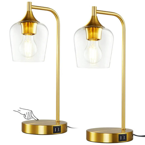 Gold Industrial Table Lamps Set of 2 With USB Charging Ports, Dimmable Touch Control, E26 Bulbs Included, nightstand display