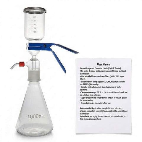 Glass Vacuum Filtration Set With 1000 mL Flask And 300 mL Funnel next to user manual, featuring leak-free glass joint and filters.