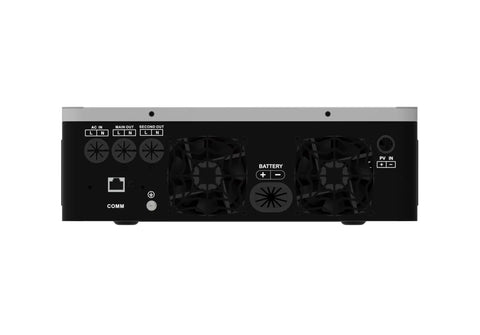 Rear view of All-In-One Battery-Less 3600W Pure Sine Wave Solar Inverter With Built-In 120A MPPT Charger, showing ports and fans.