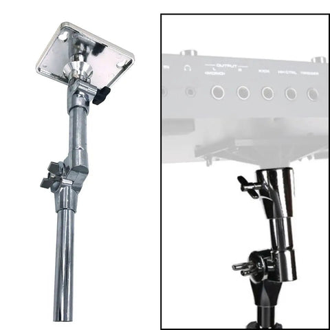 Built Tough Electronic Drum Module Mount Plate With Adjustable Tilting Holder For Drum Set Cymbal Stands shown on stand