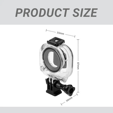 Waterproof Dive Case For Go Ultra Thumb Camera, 164ft/50m Underwater Housing With Bracket, shown with dimensions.