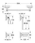 Technical diagram of Essentials Master Bathroom 5 Piece Set in Starlight Chrome with dimensions for each component.