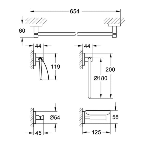 Technical diagram of Essentials Master Bathroom 5 Piece Set in Starlight Chrome with dimensions for each component.