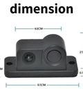 Front view of 2 In 1 Backup Cam And Parking Sensor Kit with waterproof HD reversing cam and dimensions shown