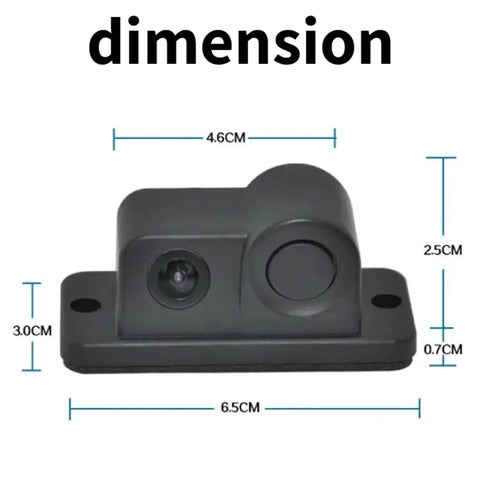 Front view of 2 In 1 Backup Cam And Parking Sensor Kit with waterproof HD reversing cam and dimensions shown