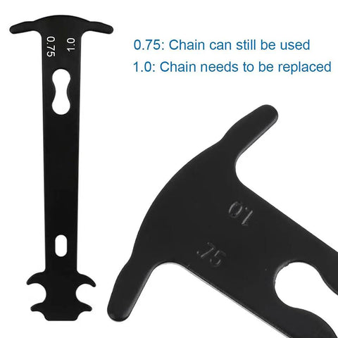 3 In 1 Bicycle Chain Tool Set With Chain Breaker Wear Checker And Chain Link Plier For City E Bike Mountain MTB And Racing Bikes Pro Grade Heavy Duty Stainless Steel With Non Slip Grip Go To Maintenance Kit displaying chain wear checker with 0.75 and 1.0 indicators
