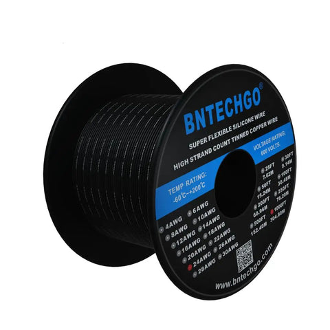 Ultra Flexible 24 Gauge Silicone Wire Spool 1000 Ft Black With Tinned Copper, Stranded 24 AWG For RC Drones Electronics DIY