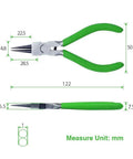 5 Inch Mini Round Nose Pliers For Jewelry Making With Tapered Jaw And Micro Fine Precision Tips in green handle, side and top views with dimensions.