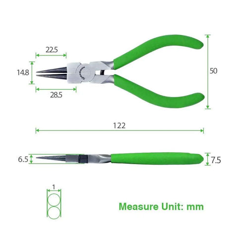 5 Inch Mini Round Nose Pliers For Jewelry Making With Tapered Jaw And Micro Fine Precision Tips in green handle, side and top views with dimensions.