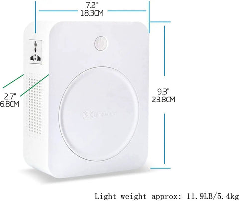 2000W 110V To 220V Step Up Transformer Voltage Converter for 220V appliances, white compact design, dimensions shown