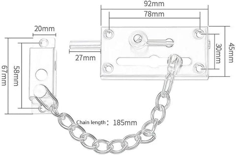 Rock Solid Door Security Chain Snap Lock Bully Proof Stainless Steel Anti Theft Deadbolt with measurements and chain length.