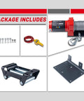 Package includes for 2,000 Lb ATV Winch With Steel Cable, Wired Manual Remote Control Switch, Mounting Plate, Roller Fairlead And Hook