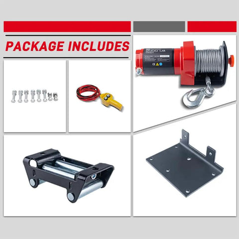 Package includes for 2,000 Lb ATV Winch With Steel Cable, Wired Manual Remote Control Switch, Mounting Plate, Roller Fairlead And Hook