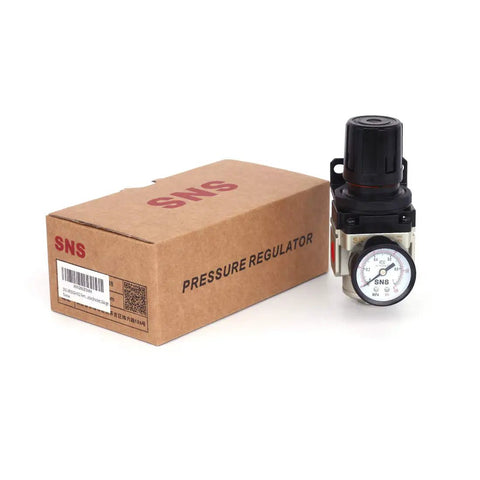 Female Thread 3/8 NPT Air Pressure Regulator 0-150 PSI Adjustable With Bracket And Gauge Aluminum Alloy Body next to box