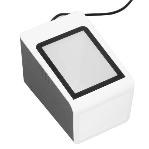 Hands Free Desktop Barcode Scanner USB Wired QR Code Reader For PC And POS with 350mm reading depth, angled view.