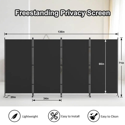 4 Panel Room Divider Privacy Screen Folding 6Ft Tall Freestanding Portable Wall Divider For Room Separation Includes Cover Strips Black 136W X 71H Durable Finish illustration with dimensions.