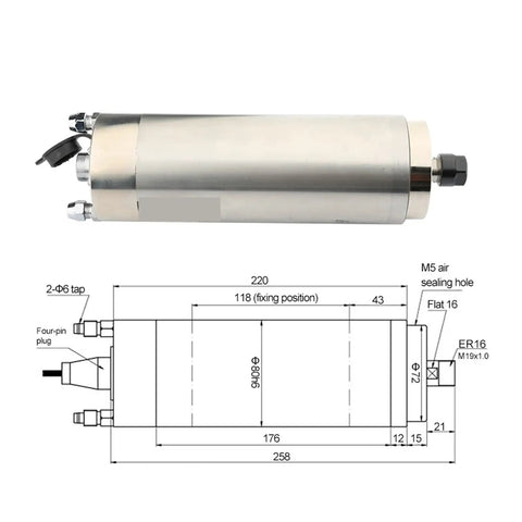 Heavy Duty 1500W Water Cooled CNC Spindle With Constant Torque And 80mm Diameter High Speed Motor showing detailed dimensions and features.