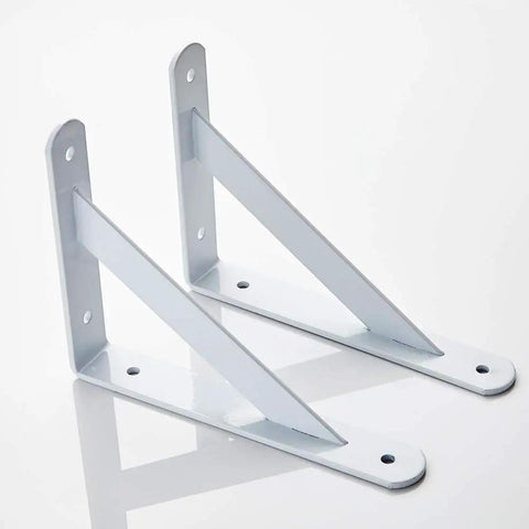 White Heavy Duty L Shaped Shelf Bracket Rock Solid Wall Mount No Worries Install Rust Free Iron Corner Support For Bookcases Room Divider High Gloss White Finish, showcasing two sturdy brackets.