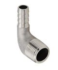 Close-up of Stainless Steel Elbow Fitting Three Quarters Inch Hose Barb to Three Quarters Inch Male NPT for Homebrew Systems