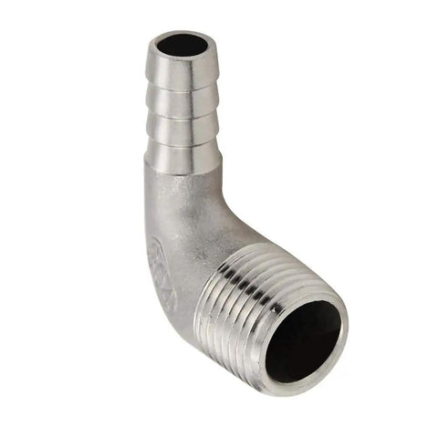 Close-up of Stainless Steel Elbow Fitting Three Quarters Inch Hose Barb to Three Quarters Inch Male NPT for Homebrew Systems