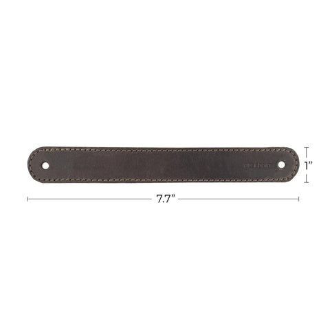 Set Of Four Full Grain Leather Drawer Handles Handmade In Bourbon Brown With Pre Made Holes For Easy Installation Durable And Stylish Furniture Hardware For Dressers Armoires And Cabinets Ideal For DIY Renovations, single handle view with dimensions