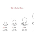 Diagram of different ball and socket sizes for Diamond Plate Ball Base With 2 Hole AMPS Pattern For 1 Inch Ball Mounts Marine Grade Aluminum