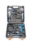Premium Multifunctional Cordless Electric Drill Kit Featuring Badass Torque Copper Core Motor Quick Charge Battery Life, compact toolbox with drill and accessories.