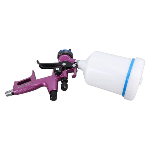 Top Shelf HVLP Spray Gun With 1.3mm Tip For Furniture And Art Creations lightweight aluminum body with white cup and ergonomic grip.