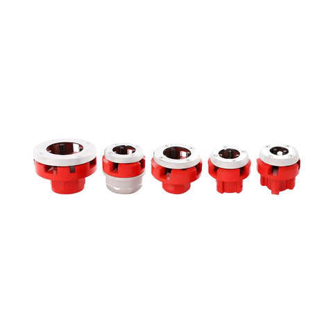 Set of six red and silver pipe threading dies for Heavy Duty Electric Pipe Threader Machine With 2300W Power Motor And 6 Dies For Galvanized Steel Iron Pipes Plus Carrying Case Professional Plumbing Tool Kit.