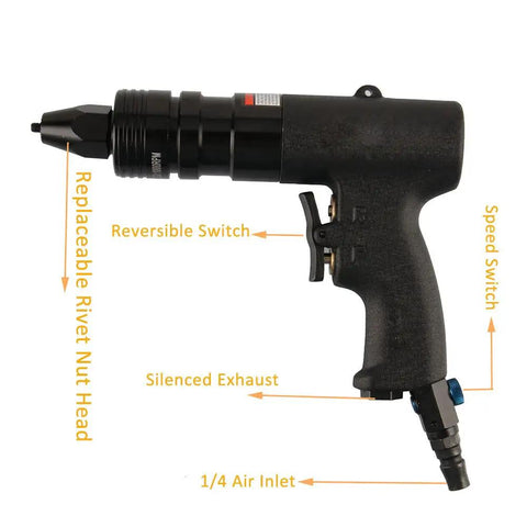 Heavy Duty Adjustable Pneumatic Rivet Nut Gun With Quick Swap Self Locking Snout And Thread Insert Puller For Sheet Metal Works, side view with controls.