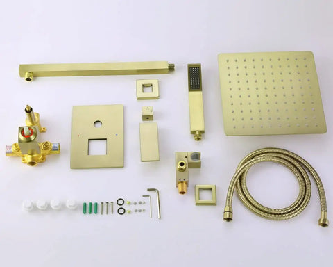 Components of Brushed Gold Overhead Rain Shower System With 10 Inch Rain Head And Handheld, SUS304 Stainless Steel