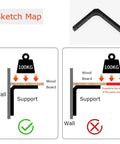 Illustration of Heavy Duty White Steel L Brackets Rock Solid Corner Wall Shelf Mounts for DIY shelving with weight guidance.