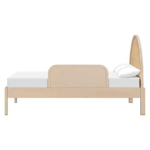 Side view of Taupe Twin And Full Bed Guardrail For Kiddo, Non Toxic Finish, GREENGUARD Gold Certified, on a wooden bed