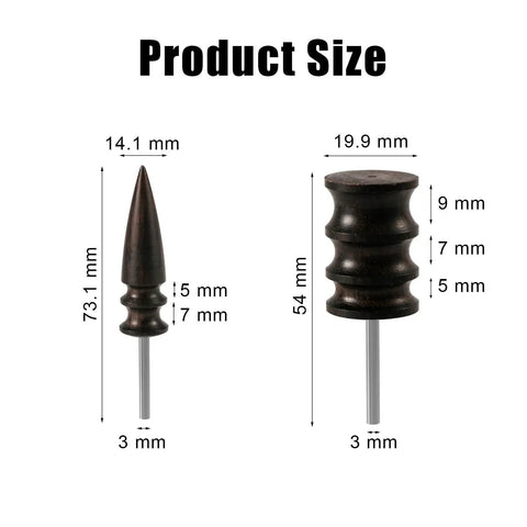 Dual Style Leather Burnishing Bits For Rotary Tool With Two Edge Burnisher Heads And Gum Point Tips, size dimensions shown