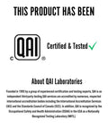 QA certification badge featuring the QAI Certified & Tested logo and About QAI Laboratories text.