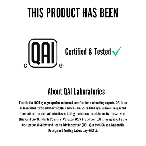 Certification label showing QAI Laboratories certification and testing information