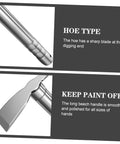 Close-up of stainless steel garden hoe handle and blade, designed for weeding and planting in small yards and raised beds.