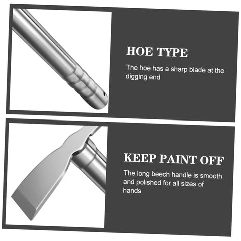 Close-up of stainless steel garden hoe handle and blade, designed for weeding and planting in small yards and raised beds.
